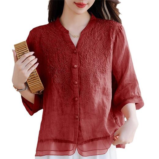 苎麻衬衫洋气宽松，复古V领刺绣短袖上衣HR-YUMO9901-1 商品图4