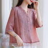 苎麻衬衫洋气宽松，复古V领刺绣短袖上衣HR-YUMO9901-1 商品缩略图0