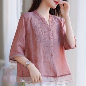 苎麻衬衫洋气宽松，复古V领刺绣短袖上衣HR-YUMO9901-1