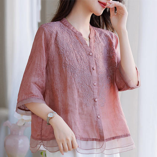 苎麻衬衫洋气宽松，复古V领刺绣短袖上衣HR-YUMO9901-1 商品图0