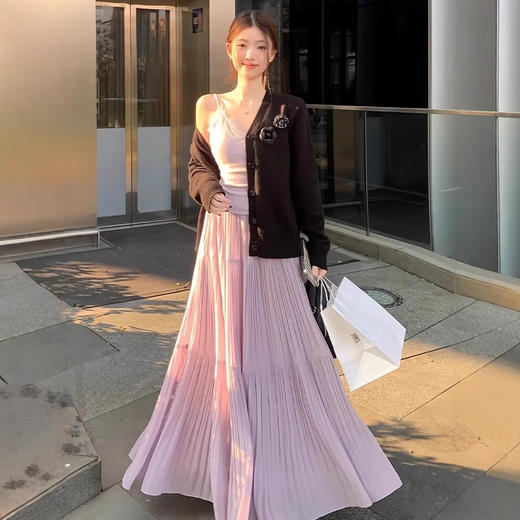 雀说 雪纺半身裙高腰显瘦伞裙小个子压褶A字裙中长款A4358 商品图1