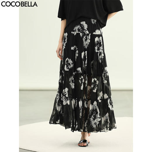 COCOBELLA国风水墨手绘超大摆半身裙女夏手工捏褶长裙HS3108 商品图0