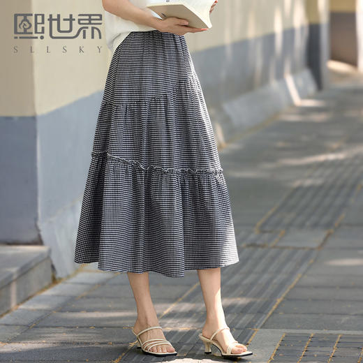 熙世界复古黑白格子半身裙女夏季薄款高级感a字伞裙高腰蛋糕半裙 商品图0