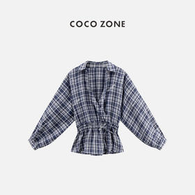 COCO ZONE 刘一一 时尚POLO领格子衬衫女收腰上衣CC2B0862