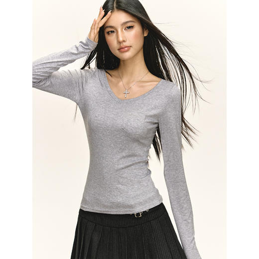 Ariseism 美式复古设计感V领口袋长袖t恤女秋季新款修身上衣 商品图0