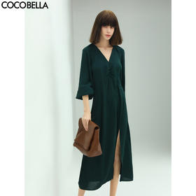 COCOBELLA肌理质感绿色V领连衣裙优雅女人味OL大摆长裙FR109