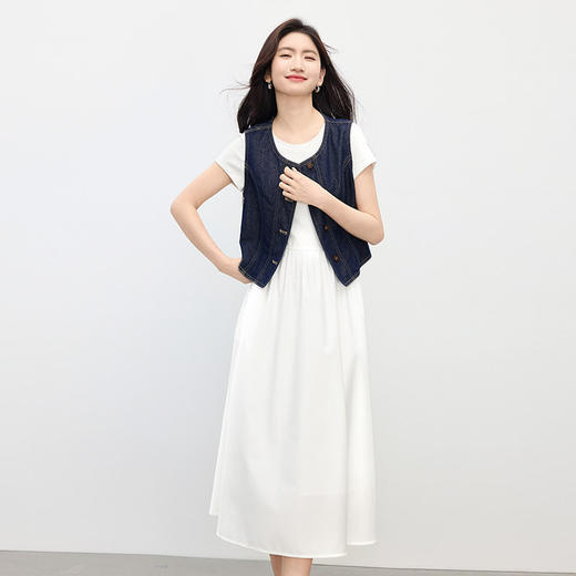 【专属特价】熙世界极简风白色连衣裙女夏季2025新款通勤圆领短袖收腰T恤裙子 商品图4