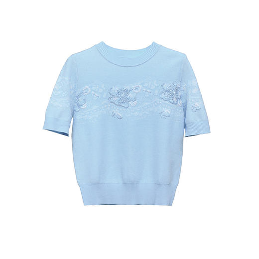 「自」全新升级【铂金会员293/天猫399/差价106】(50908)洛诗琳重工浮雕绣花圆领短袖2025夏季时尚减龄百搭针织T恤 商品图4