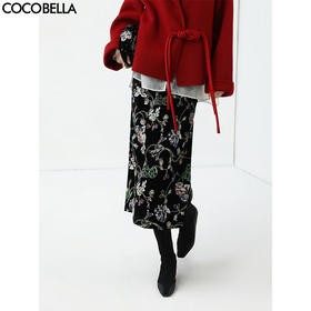 COCOBELLA重工亮片刺绣丝绒半身裙25春优雅国风筒裙HS3110