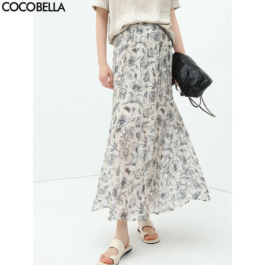 【限时特惠】COCOBELLA写意印花雪纺压褶半身裙女夏沙滩度假飘逸长裙HS119 商品图0