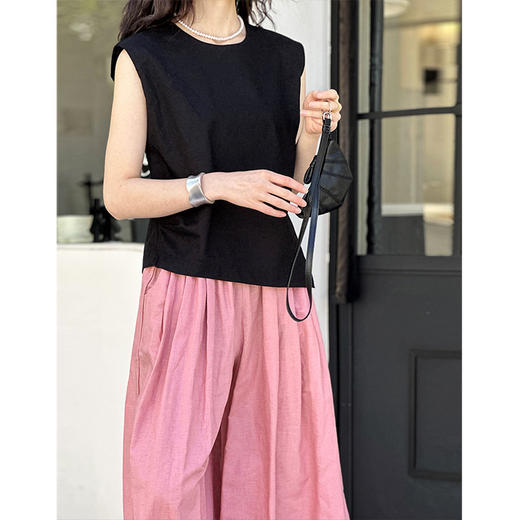 百媚生 夏季圆领无袖侧边抽褶极简亚麻套头衬衫背心5572 商品图3