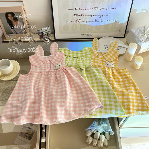 【娃娃领设计，趣味兔耳朵~】女童娃娃领兔耳朵连衣裙 2025夏季可爱格子背心裙 小兔公主裙子-QQ 商品图3