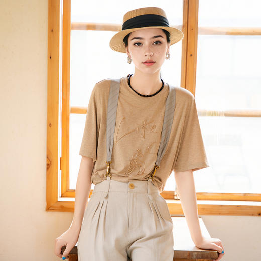 谜底T恤短袖女2025秋季新款简约百搭卡其色钉珠绣花上衣257MT7773 商品图0