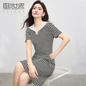 【专属特价】熙世界2025夏季新款撞色海军领条纹连衣裙女收腰显瘦减龄休闲裙子