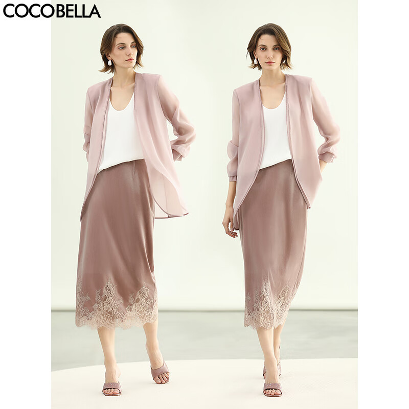 COCOBELLA优雅玫瑰粉丝绒半身裙女夏蕾丝拼接直筒裙HS3126-2