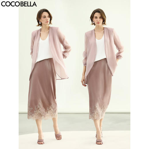 COCOBELLA优雅玫瑰粉丝绒半身裙女夏蕾丝拼接直筒裙HS3126-2 商品图0