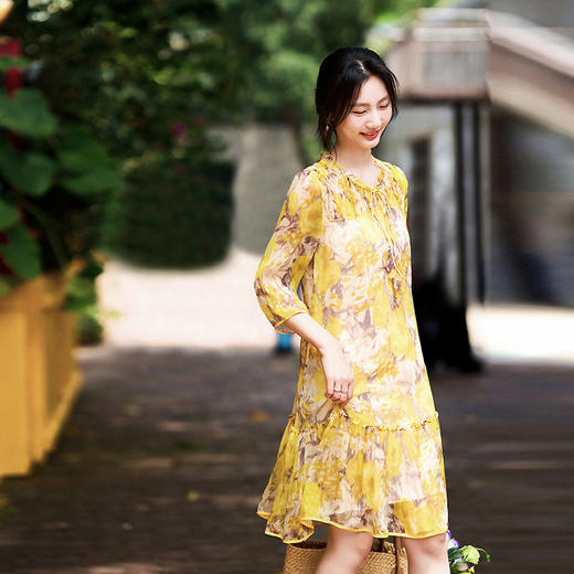 丁摩 迷彩印花真丝连衣裙小个子款显瘦桑蚕丝裙子两个颜色5ZF-90149 商品图4