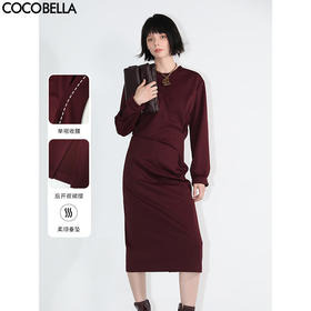 COCOBELLA[安哥拉红]设计感立体捏褶连衣裙女秋冬气质长裙FR935
