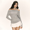 Ariseism 美式复古设计感灰色一字肩挂脖长袖t恤女秋新款修身上衣 商品缩略图2