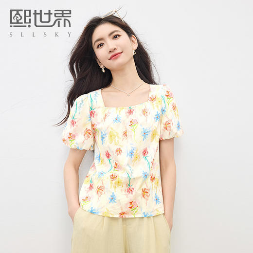 【周末秒杀】熙世界多巴胺碎花方领衬衫女夏2025新款灯笼袖法式独特绝美小上衣 商品图0