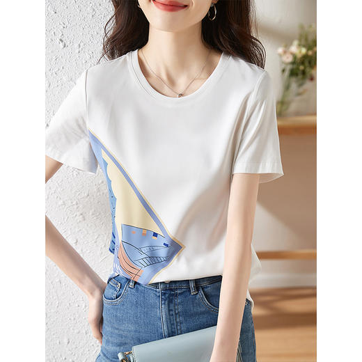 【专属特价】熙世印花短袖t恤女小众设计夏款法式简约圆领宽松上衣ins潮 商品图2