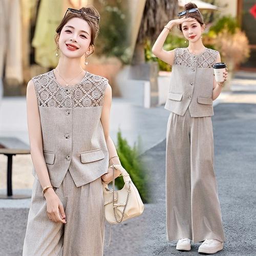 2025年夏季新款时尚镂空领显瘦马甲阔腿裤气质套装MEIQIN5576 商品图1