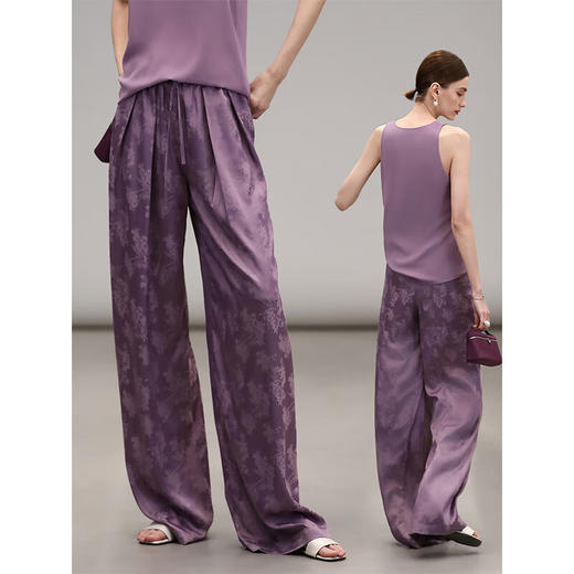 COCOBELLA暗纹提花光泽缎面垂坠阔腿裤春夏新中式山本裤PA3026 商品图0