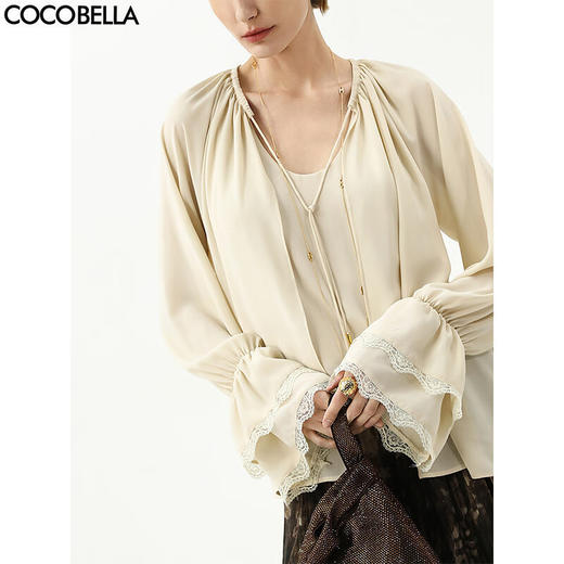 COCOBELLA无领捏褶荷叶袖蕾丝边衬衫优雅通勤遮阳开衫SR3082 商品图0