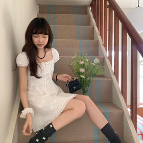 西遇方领白色连衣裙女夏季新款系带蝴蝶结刺绣薄纱A字裙SS051070