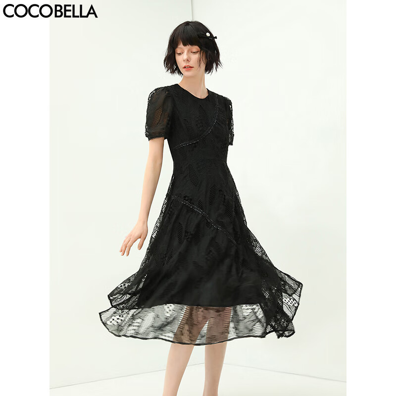 【限时秒杀】COCOBELLA重工镂空刺绣蕾丝连衣裙名媛风不对称A字长裙FR179