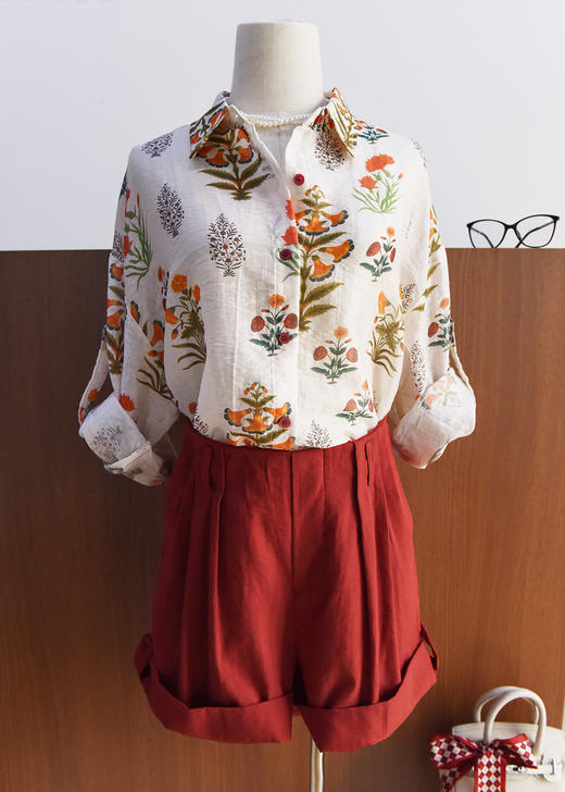 红石榴高腰小A阔腿翻折边天丝麻短裤 商品图3