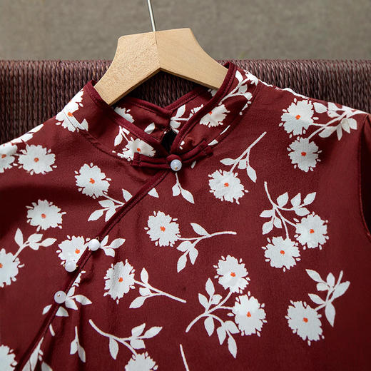 丁摩 重磅真丝上衣女红底印花100桑蚕丝斜门襟连肩短袖T恤小衫夏新款5ZF-049 商品图2