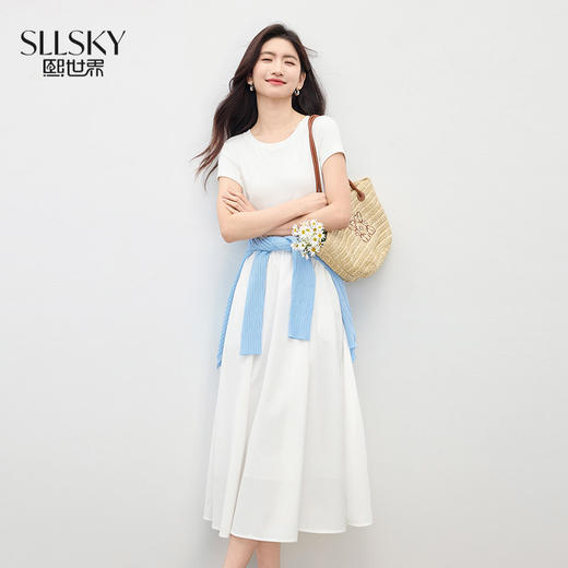 【专属特价】熙世界极简风白色连衣裙女夏季2025新款通勤圆领短袖收腰T恤裙子 商品图0