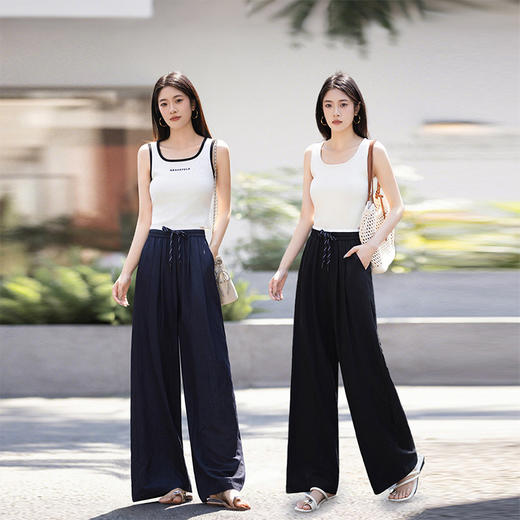 【专属特价】熙世界宽松慵懒阔腿裤女夏季薄款松紧腰冰丝休闲直筒裤子2025新款 商品图2