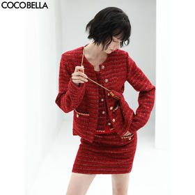 COCOBELLA质感细闪银葱小香风花呢短裙女重工手缝链条半身裙HS549