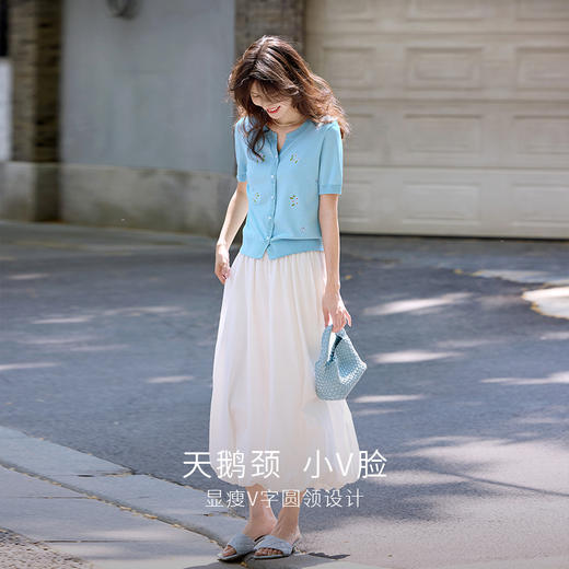 【专属特价】熙世界植物刺绣针织衫女薄款夏季小清新短袖冰丝开衫上衣2025新款 商品图1