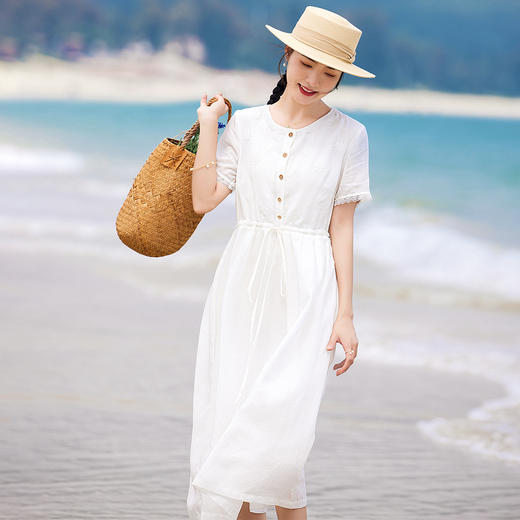丁摩 白色苎麻法式减龄连衣裙文艺木耳花边短袖飘逸大摆裙 商品图2