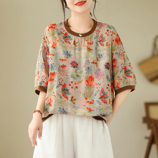 百媚生 文艺复古圆领棉麻短袖T恤衫女宽松显瘦数码扎染上衣B117-9331 商品图1