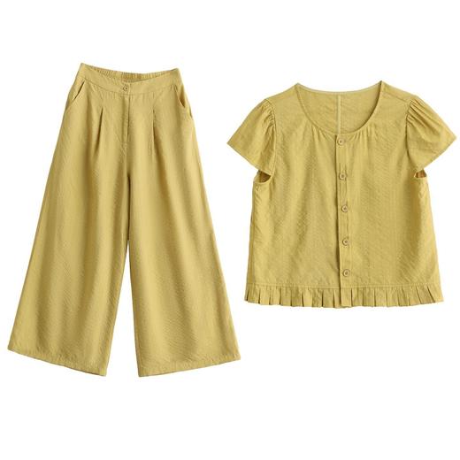 时尚通勤套装女2025夏季新款韩系圆领木耳边拼接衬衫阔腿裤两件套LNS9763 商品图4