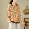 百媚生 文艺复古圆领棉麻短袖T恤衫女宽松显瘦数码扎染上衣B117-9331 商品缩略图0