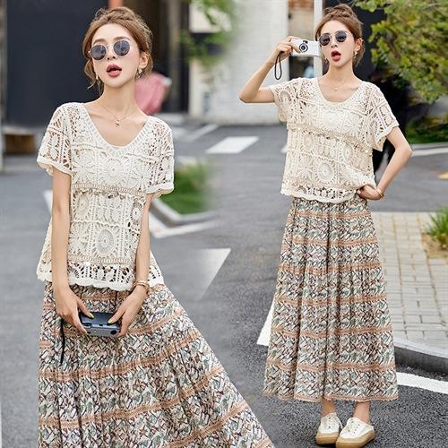 气质蕾丝镂空复古钉珠圆领波西米亚碎花裙三件套HANYUSHE2529 商品图0