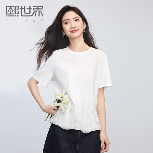 熙世界蕾丝花边拼接白色T恤女短袖夏季新款独特漂亮正肩圆领上衣 商品图0
