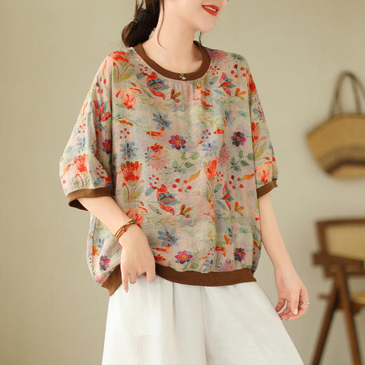 百媚生 文艺复古圆领棉麻短袖T恤衫女宽松显瘦数码扎染上衣B117-9331 商品图5