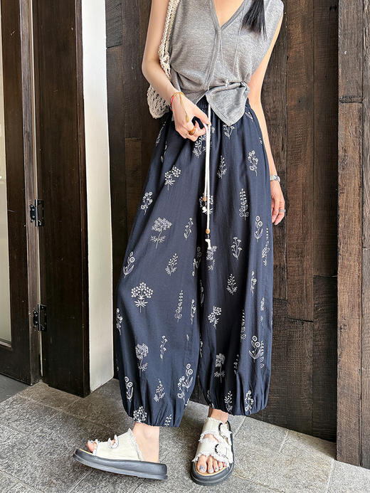 百媚生 棉质法式印花棉八分裤阔腿灯笼裤L5572 商品图8