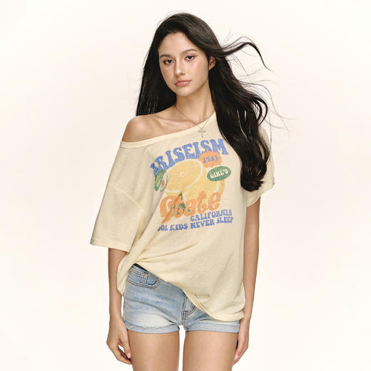 Ariseism 美式复古宽松苏打汽水斜肩短袖T恤女夏季新款修身上衣 商品图2