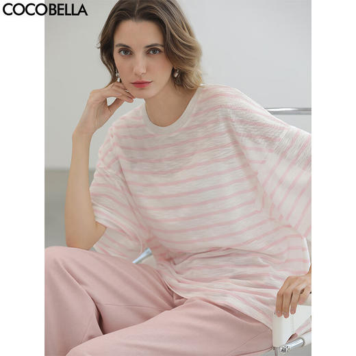 COCOBELLA慵懒宽松彩条纹针织衫女微透视休闲短袖T恤TS3039 商品图0