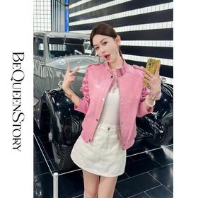 余潇潇【甜酷机车】天然山羊皮革复古时尚立领宽松皮衣2025早秋