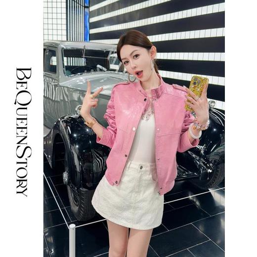 余潇潇【甜酷机车】天然山羊皮革复古时尚立领宽松皮衣2025早秋 商品图0