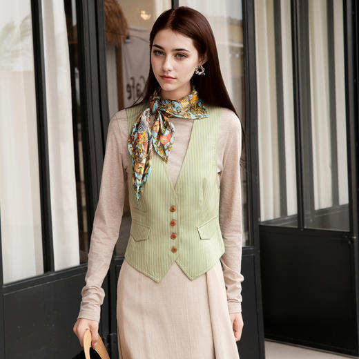 谜底无领西装马甲女2025秋新款复古风修身条纹拼接马夹257MM7721 商品图0