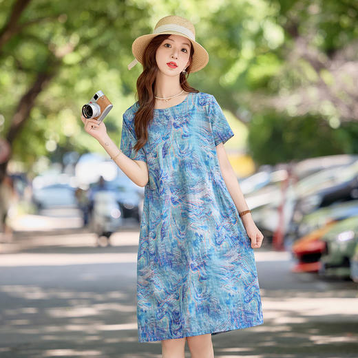 时尚印花圆领，棉麻风连衣裙HR-NYMYZ309 商品图0
